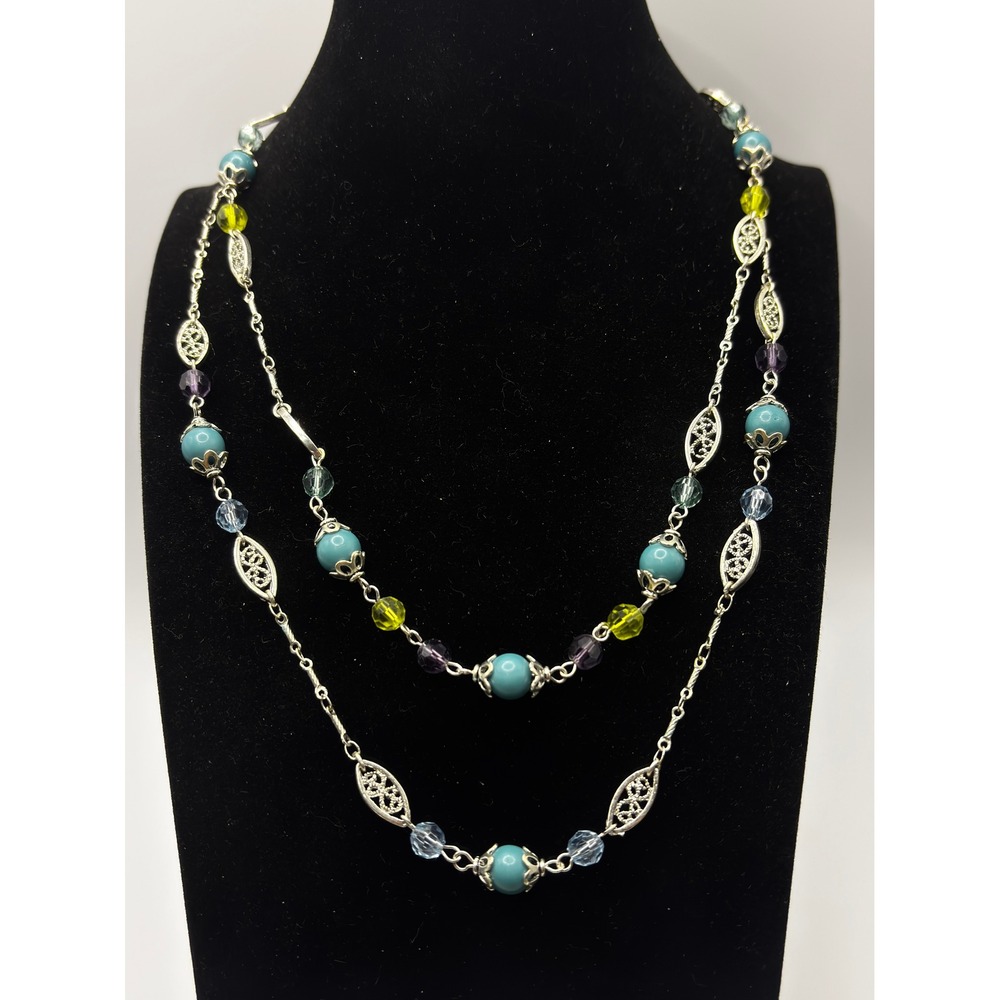 Sonoma Double Strand Necklace Womens Teal Silver Tone‎ Filigree Beaded Layered